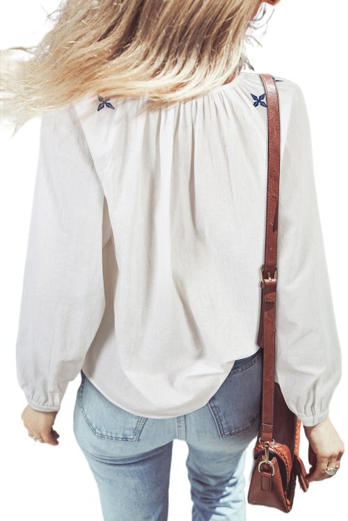 Women's White Geometric Embroidered Long Sleeve Buttoned Blouse - Chic Bohemian Style