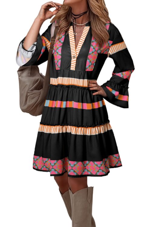 Women's Black Ethnic Print Buttoned V Neck Bell Sleeve Ruffle Patchwork Dress