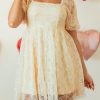 Elegant Apricot Sequined Lace Mesh Bubble Sleeve Square Neck Mini Dress - Image 9