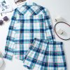 Women's 2Pcs Blue Plaid Print Lounge Set - Long Sleeve Shirt and Casual Shorts - Image 10