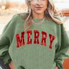 Women's Grass Green MERRY Letter Printed Corded Baggy Sweatshirt for Christmas - Image 7