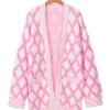 Women's Pink Rhombus Pattern Knit Open Front Cardigan with Pockets - Image 13