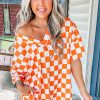 Women's Orange Checkerboard Print V Neck Loose Tee and Shorts Lounge Set - Image 2