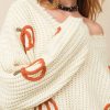 Women's Beige Cable Knit Pumpkin Raw Hem V Neck Sweater - Image 3