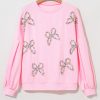 Women's Light Pink Oversized Pullover Sweatshirt with Embroidered Bow and Lantern Sleeves - Image 8