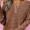 Women's Brown Stripe Textured Frilly Trim Long Sleeve Henley Top - Image 2