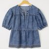 Women's Plus Size Sail Blue Drawstring V Neck Puff Sleeve Denim Blouse - Image 9