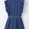 Women's Sail Blue Denim Ruffled Zipped Front Belted Romper - Trendy Summer Fashion - Image 11