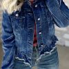 Women's Navy Blue Ruffle Raw Hem Denim Jacket with Flap Pockets - Image 5