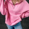 Women's Bonbon Pink Zip-up Stand Neck Kangaroo Pocket Sweatshirt - Image 5