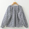 Women's Elegant Blue Floral Print Notched V Neck Puff Sleeve Blouse - Image 9