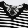 Women's Elegant Black Stripe Crochet Hollow-Out Back V Neck Top with Buttoned Shoulders - Image 7