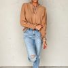 Women's Elegant Straw Yellow Solid Color Shirred Cuff Notch V Neck Blouse - Image 6