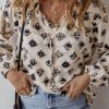 Women's White Bubble Sleeve Split Neck Printed Blouse - Image 3