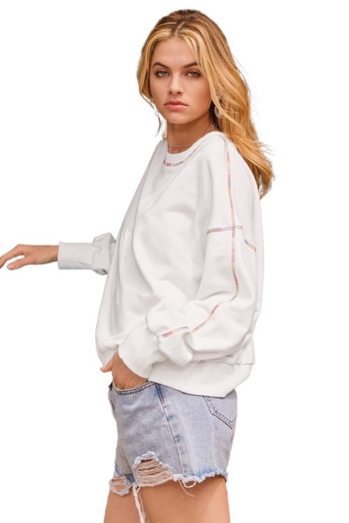 Women's White Rainbow Contrast Trim Drop Shoulder Pullover Sweatshirt