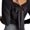 Women's Metallic Black Bowknot Open Back V Neck Long Sleeve Top - Image 19