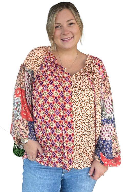 Plus Size Orange Floral Geometric Patchwork Lace-up Crewneck Blouse for Women