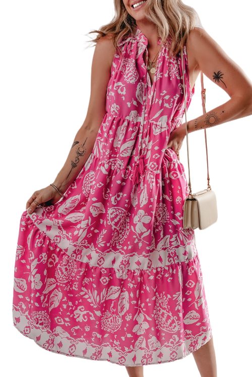 Women's Rose Floral Sleeveless Tasseled Lace-up Neck Tiered Midi Dress for Spring