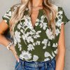 Chic Women's Green Floral Print Short Sleeve Blouse with Split Neck Design - Image 10