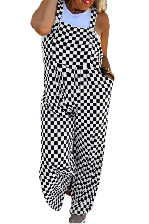 Women's Black Checkered Print Wide Leg Jumpsuit with Pockets