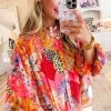 Women's Red Abstract Floral Print Buttoned Ruffled Bubble Sleeve Shirt - Image 6