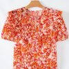 Women's Orange Floral Print Ruffled Short Puff Sleeve Split Neck Blouse - Image 10