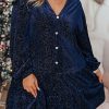 Women's Navy Blue Plus Size Textured Velvet Tiered V Neck Dress - Image 9