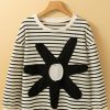 Women's Black and White Striped 3/4 Sleeve Top with Big Flower Patch - Image 5