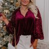 Women's Red Velvet Top with Sequin Patchwork Sleeves - Button Up Style - Image 6