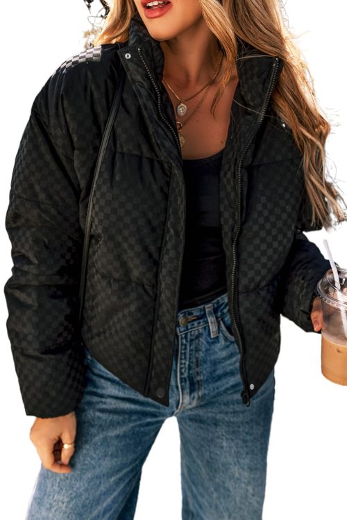 Women's Black Checkerboard Full Zipper Puffer Jacket