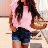 Women's Elegant Pink Textured Ruffle Short Sleeve Pullover Top - Image 5