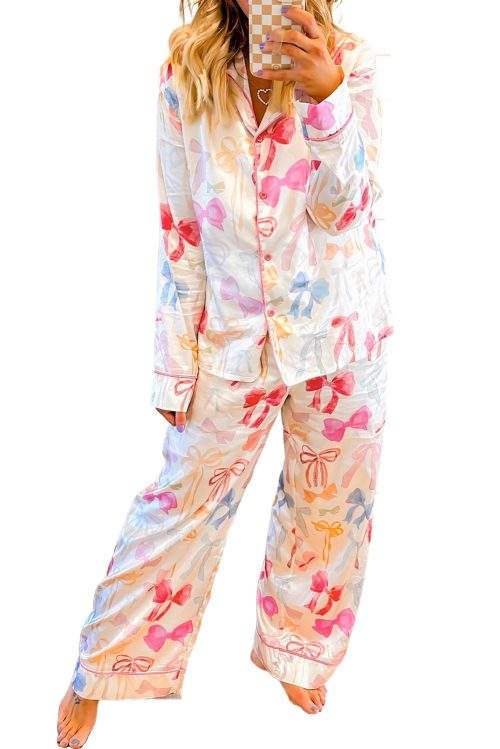 Women's White Satin Pajama Set with Bolero Lapel and Bow Print
