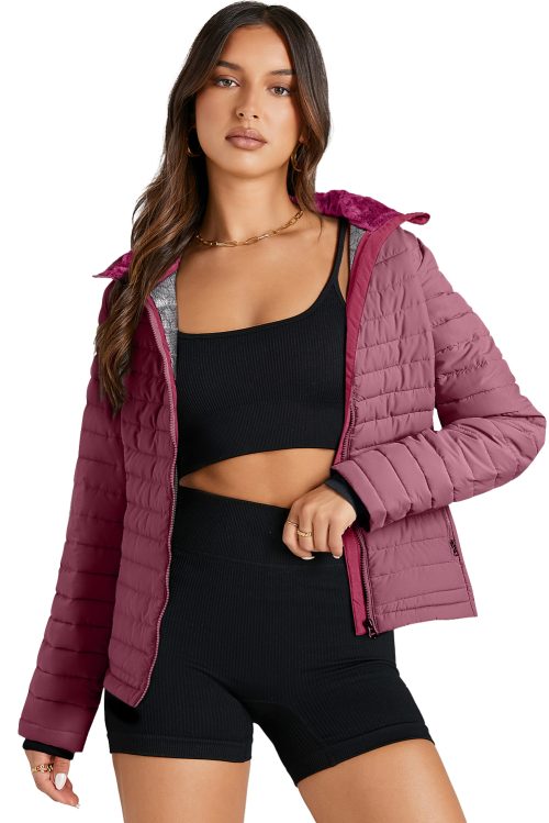 Women's Burgundy Solid Color Quilted Zip-Up Puffer Jacket for Winter