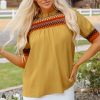 Chic Mustard Geometric Short Puff Sleeve Blouse with Frilled Collar - Image 5