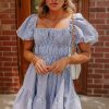 Women's Sky Blue Stripe Bubble Sleeve Square Neck Ruched Pocketed Babydoll Dress - Image 11