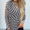 Women's Black Checkered Pattern Mesh Mock Neck Long Sleeve Top - Image 2