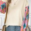 Women's Apricot Geometric Printed Patchwork Long Sleeve Round Neck Top - Image 6