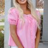 Women's Light Pink Lace Square Neck Puff Sleeve Blouse - Elegant Babydoll Top - Image 6