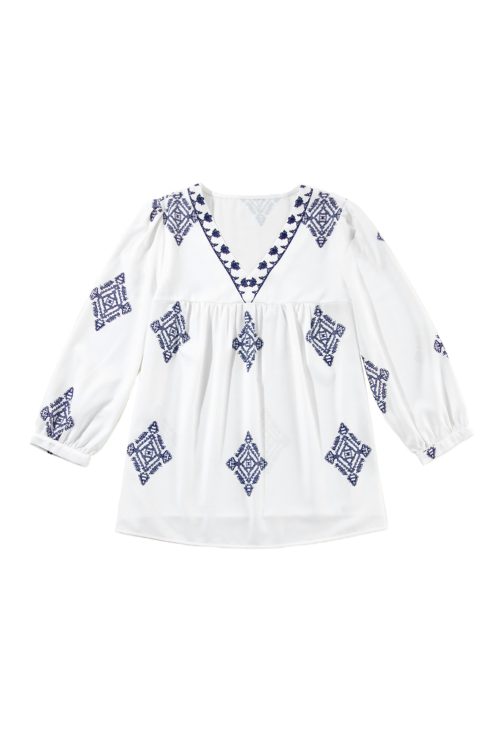 Women's White Boho Geometric Print V Neck Blouse with Bracelet Sleeves