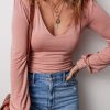 Women's Fushia Plain V Neck Long Sleeve Casual Bodysuit - Image 7