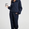 Women's Navy Blue Solid Color Active Set - Collared Sweatshirt and High Waist Pants - Image 3