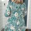 Plus Size Women's Green Floral Flounce Sleeve Split Neck Mini Dress - Image 2