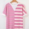 Women's Pink Stripe Patchwork Textured Short Sleeve High Low Loose Top - Image 9