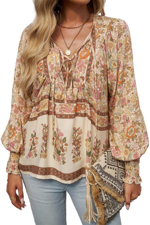 Women's Yellow Floral Print Tie Neck Blouse with Lantern Sleeves