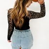 Women's Black Floral Lace Patchwork Long Sleeve High Neck Slim Top - Image 2