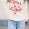 Women's White Striped Merry Bright Letter Christmas Sweater - Image 3