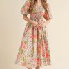 Women's Apricot Pink Floral Smocked Bust Bubble Short Sleeve Maxi Dress - Elegant Spring Summer Style - Image 3