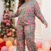 Plus Size Green Printed Long Sleeve and Pants Lounge Set - Image 5