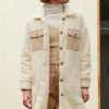 Women's Beige Contrast Flap Pocket Single Breasted Teddy Coat for Winter - Image 18