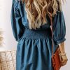 Prussian Blue 3/4 Sleeve Shirred High Waist Buttoned Mini Dress - Image 2